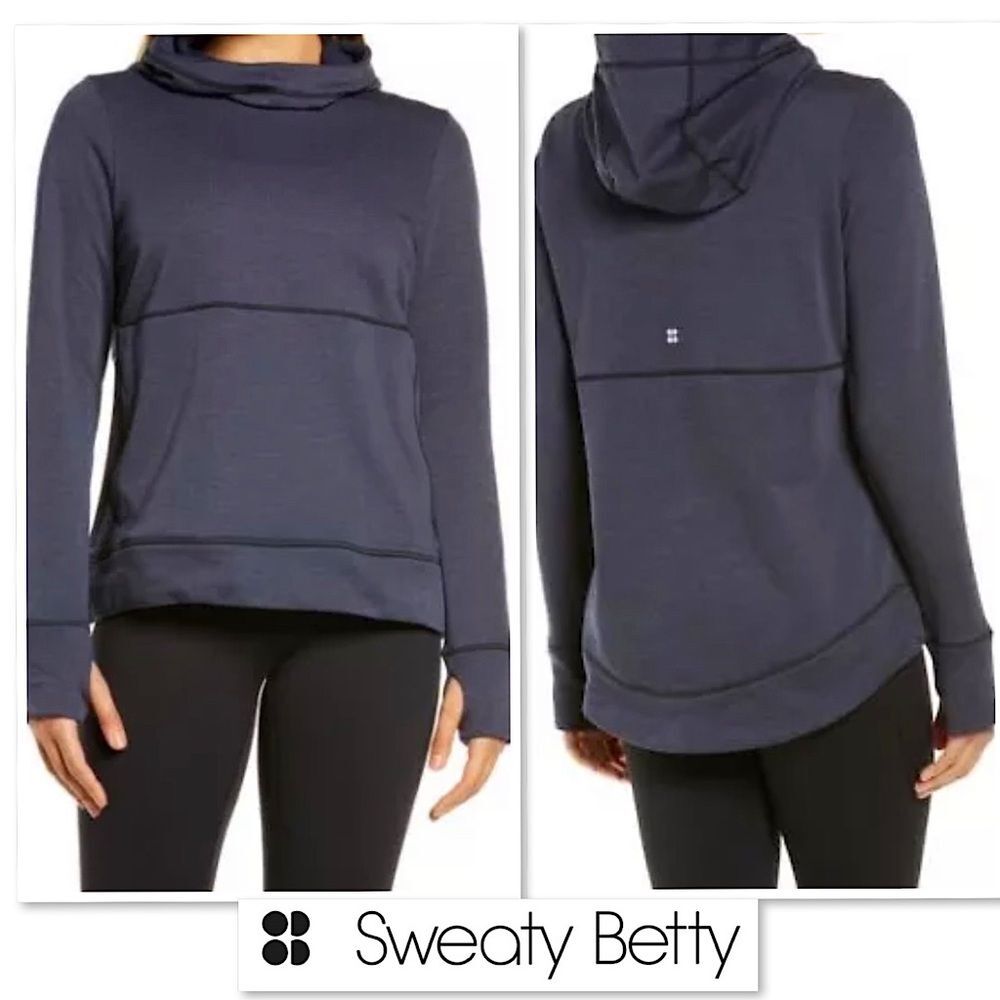 SWEATY BETTY Galvanise Run Hoody Navy Blue Size M High Low Fleece Lined Active